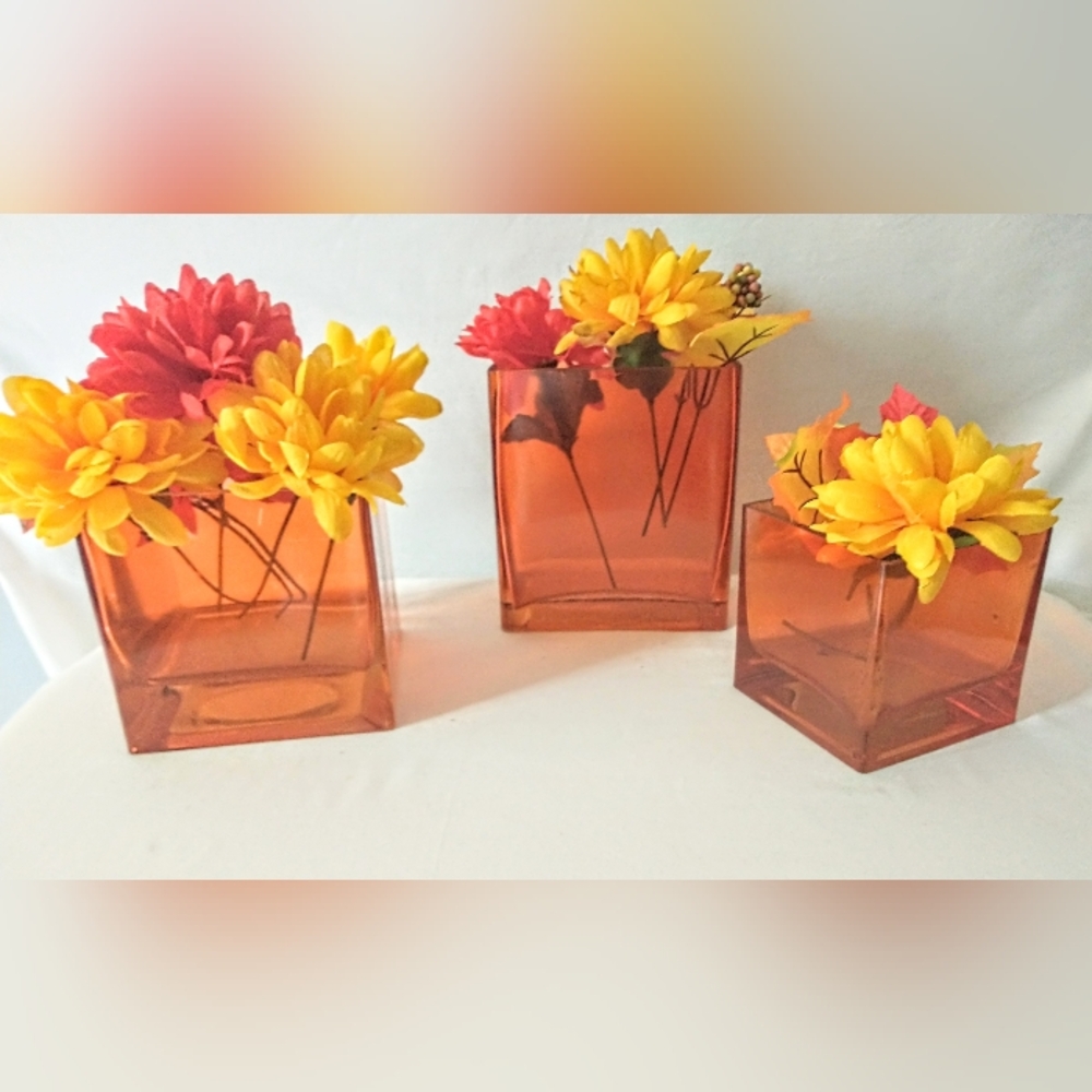 RARE! Group of 3 Vintage Teleflora Orange Glass Vases - Poland